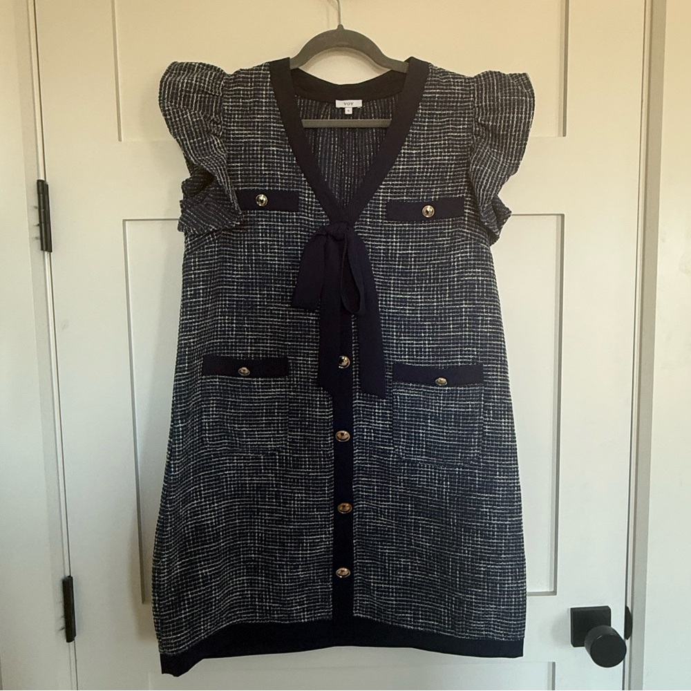Red Dress Boutique Navy and White Tweed Mini Dress with Bow